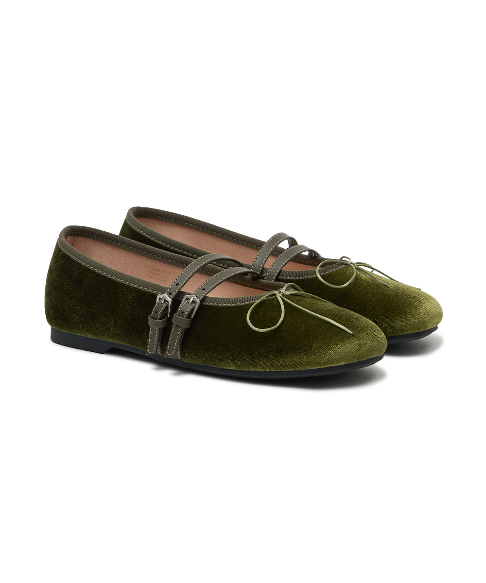 SQUARE TOE TWO STRAP MARYJANE (VELVET) - OLIVE UK3.5(230)