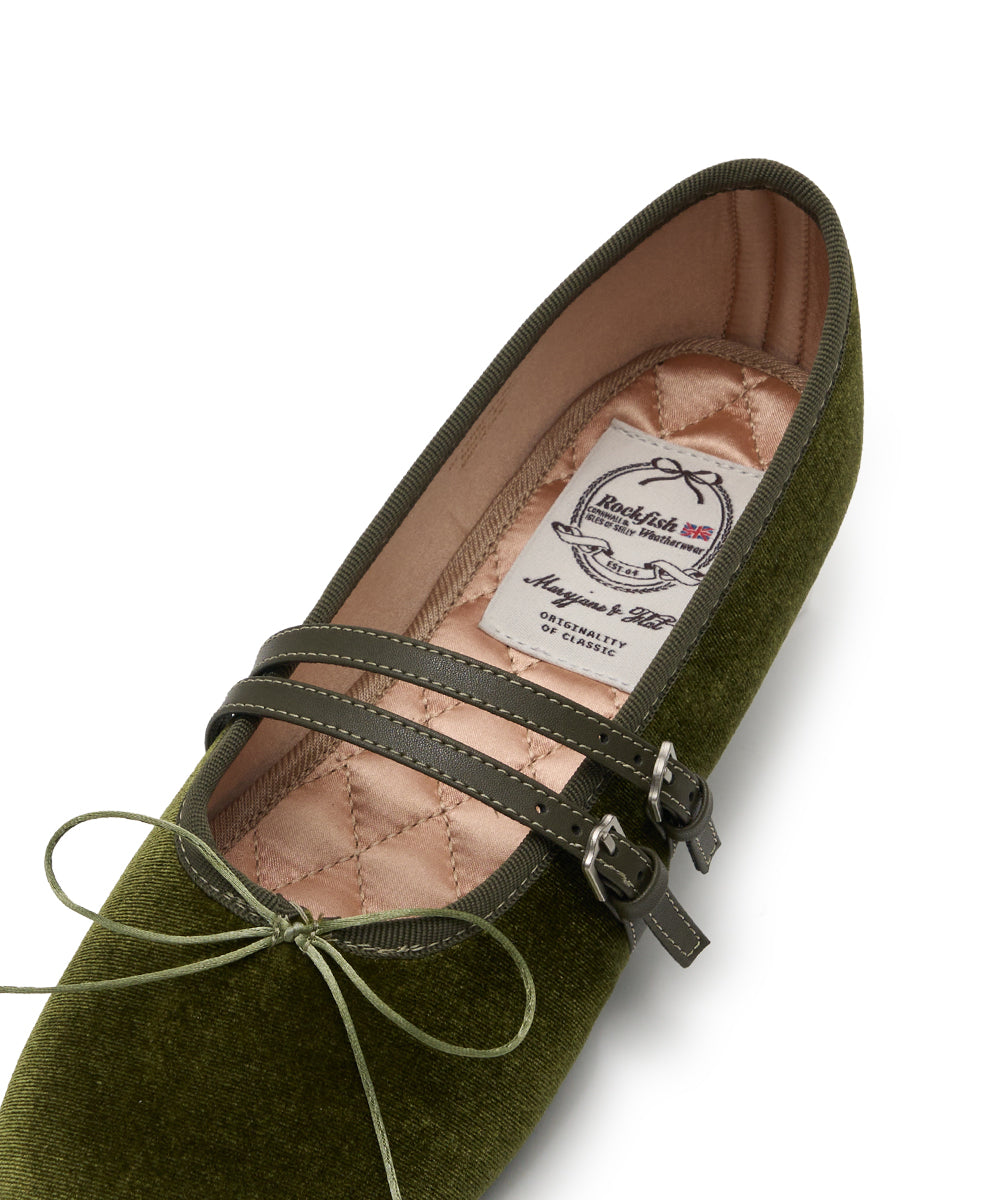 SQUARE TOE TWO STRAP MARYJANE (VELVET) - OLIVE UK3.5(230)