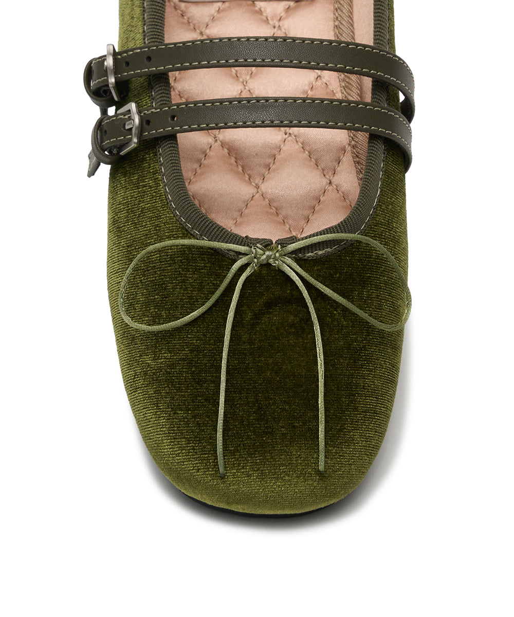 SQUARE TOE TWO STRAP MARYJANE (VELVET) - OLIVE UK3.5(230)