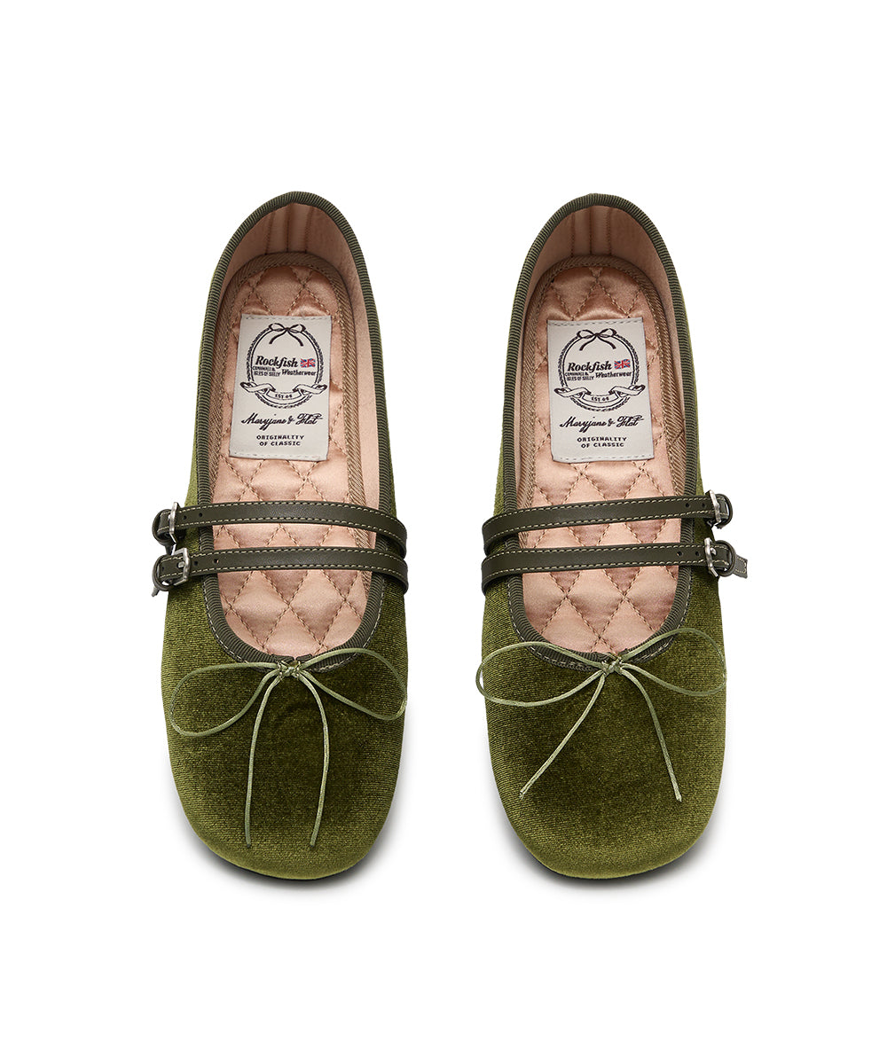 SQUARE TOE TWO STRAP MARYJANE (VELVET) - OLIVE UK3.5(230)