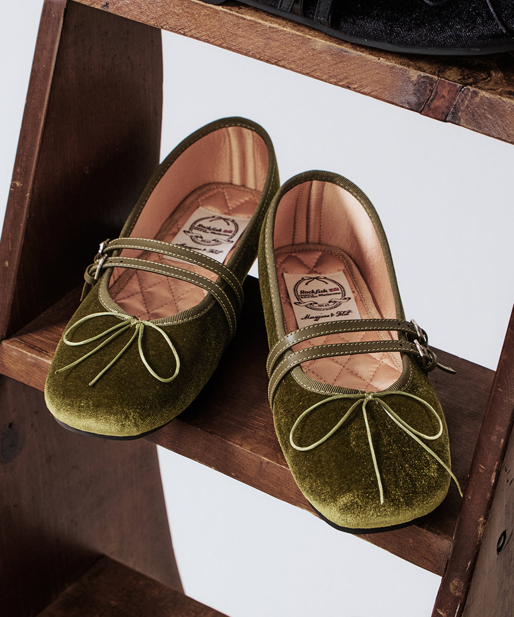 SQUARE TOE TWO STRAP MARYJANE (VELVET) - OLIVE UK3.5(230)