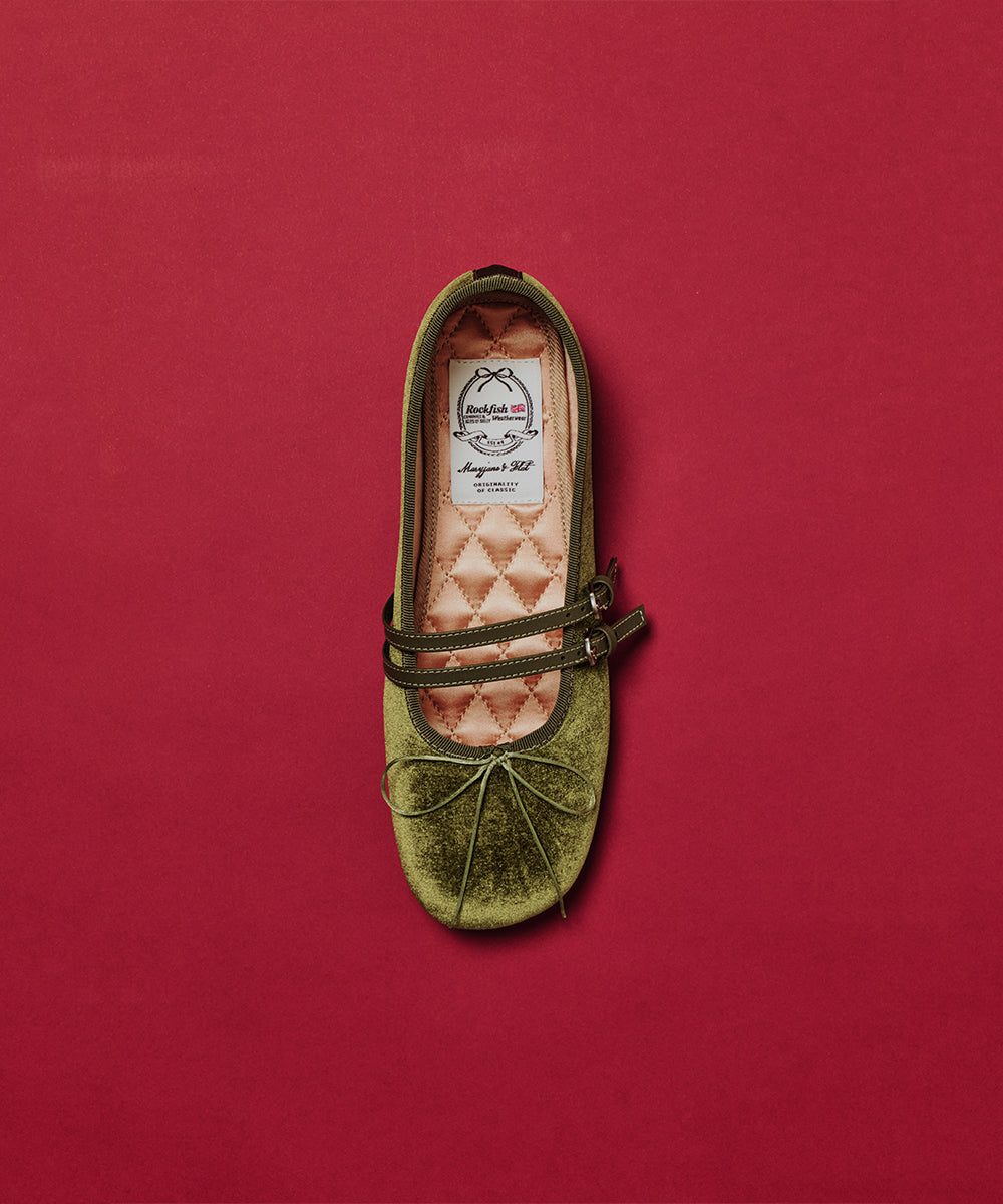 SQUARE TOE TWO STRAP MARYJANE (VELVET) - OLIVE UK3.5(230)
