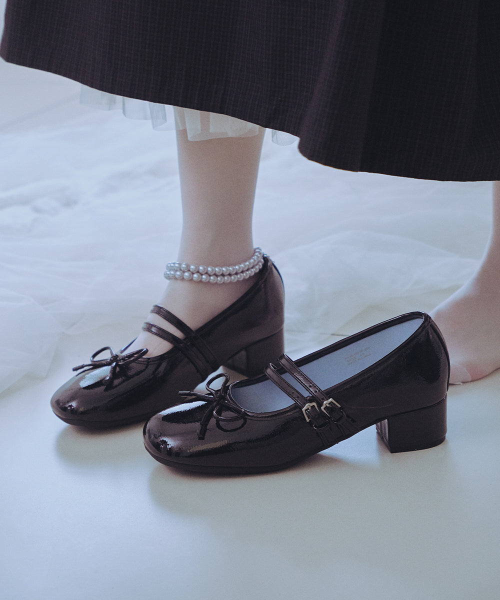 SQUARE TOE TWO STRAP MARYJANE(4CM) - BLACK UK3.5(230)