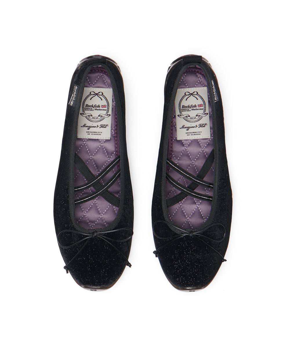 BELLA CROSS BANDING FLATS(PEBBLE SOLE) - GLITTER BLACK UK3.5(230)