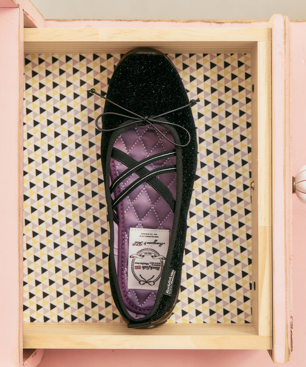 BELLA CROSS BANDING FLATS(PEBBLE SOLE) - GLITTER BLACK UK3.5(230)